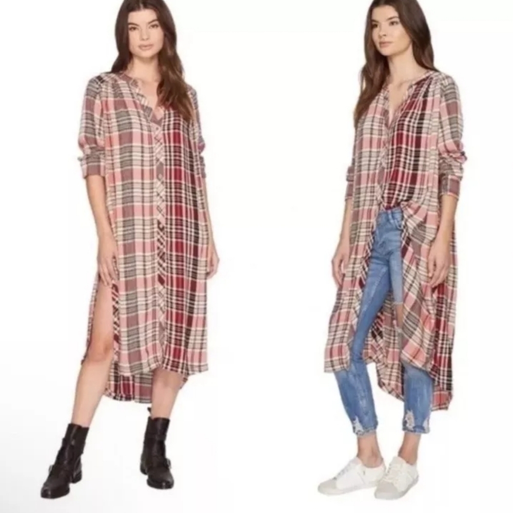 Free People Plaid Long Sleeve Side Buttons Women's Shirt Dress Size M NWOT